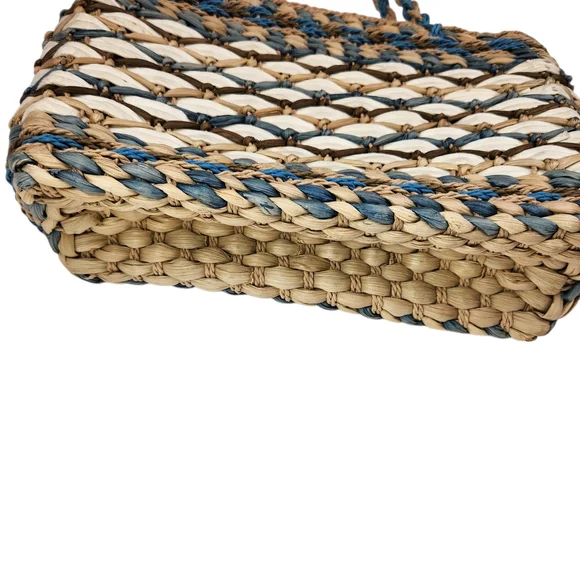 Vintage Woven Corn Husk Straw Tote Bag Purse Small Bohemian Beach Blue Braided - Picture 7 of 10